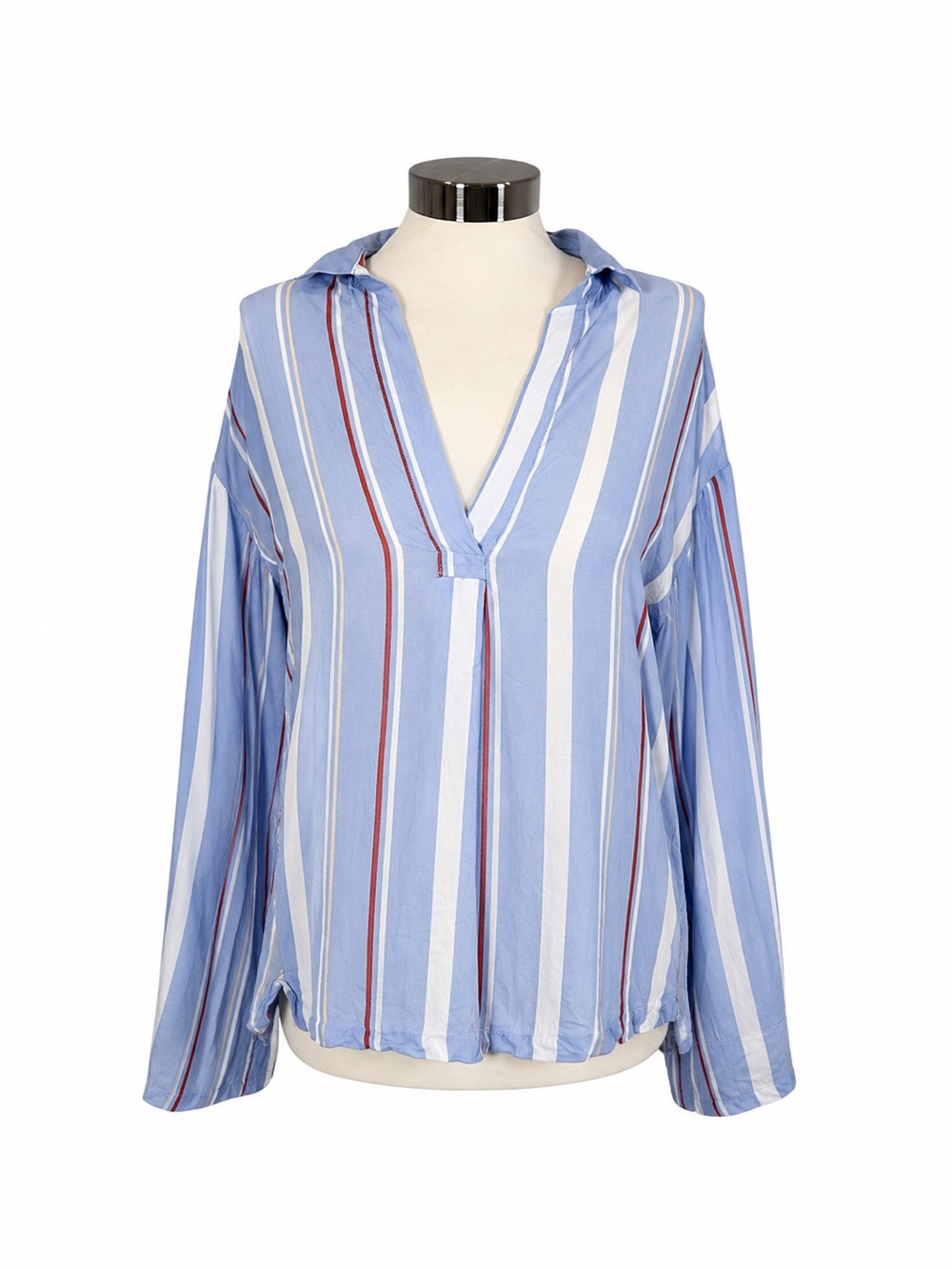 Lush Light Blue White and Red Vertical Stripe V-Neck Blouse